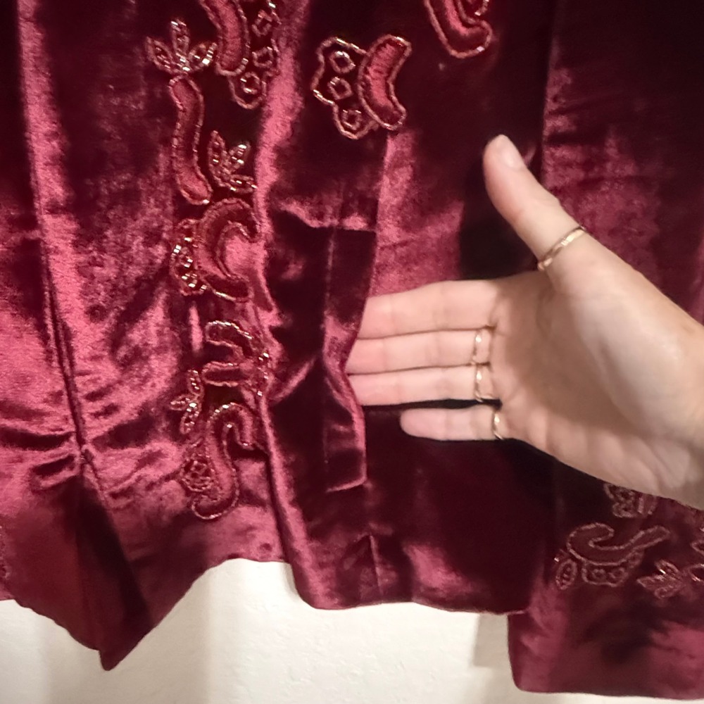Bloomingdales‎ Womens Silk Blend Velvet Embroidered Beaded Jacket Burgundy Sz 14 - Picture 6 of 14